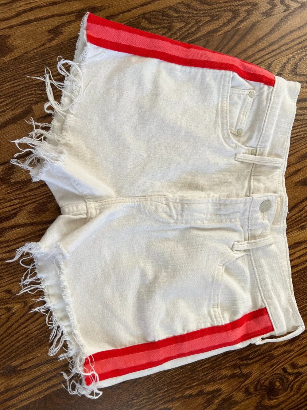 Womens Mother "The Sinner" White, Red/Pink Side Striped Frayed Denim Shorts 25